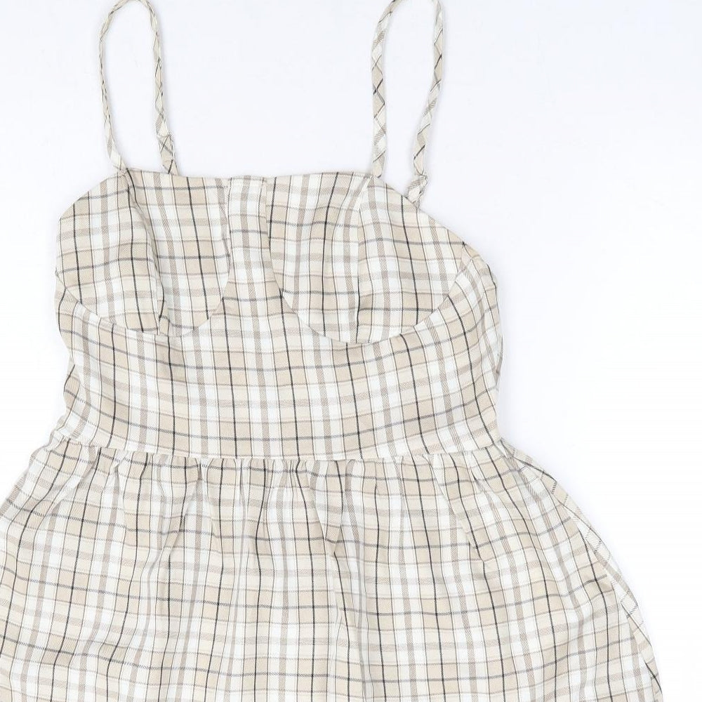 SheIn Womens Beige Plaid Polyester Fit & Flare Size S Square Neck Zip