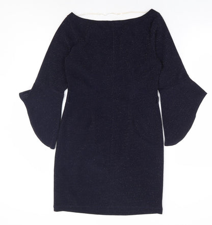 Latin Quaters Womens Blue Polyester A-Line Size S Boat Neck Pullover - Bell Sleeve