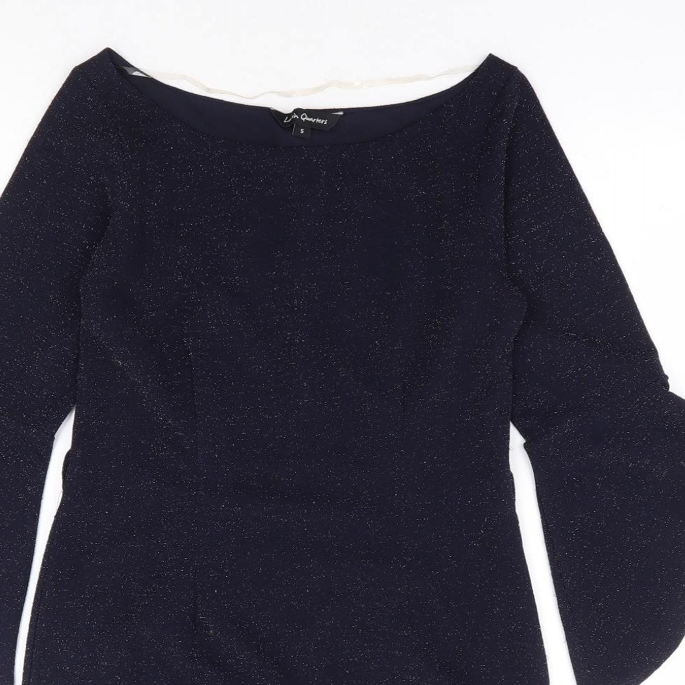 Latin Quaters Womens Blue Polyester A-Line Size S Boat Neck Pullover - Bell Sleeve