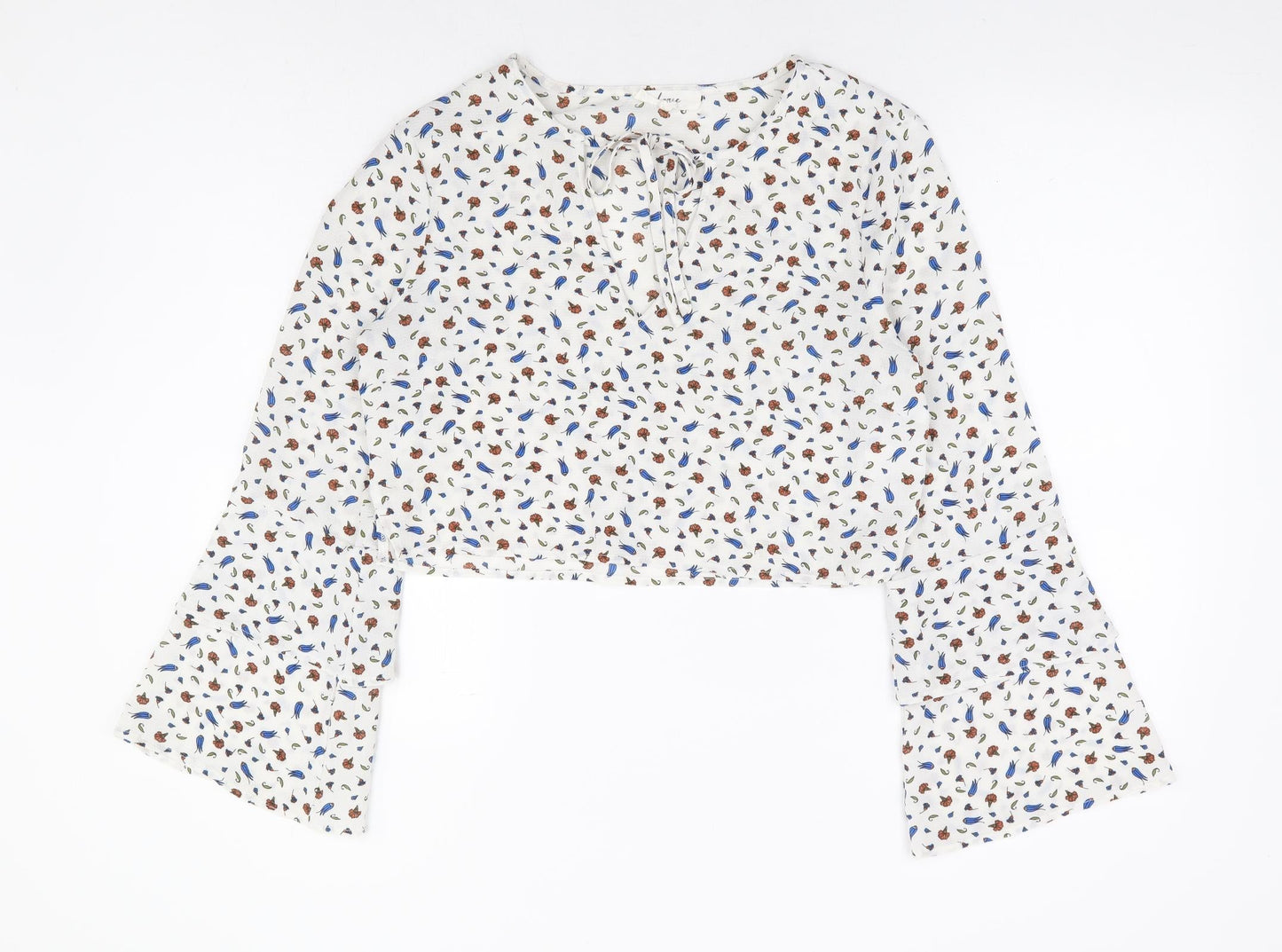 Dazie Womens White Floral Polyester Cropped Blouse Size 12 Round Neck - Bell Sleeve
