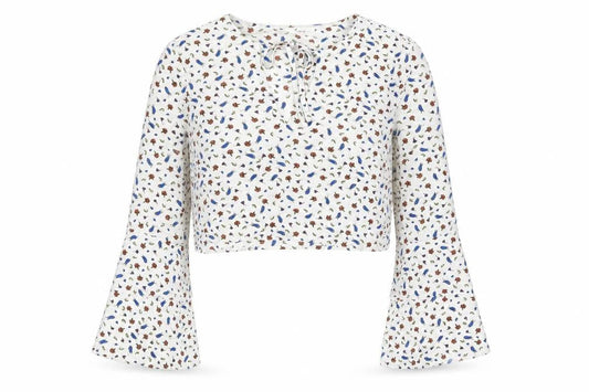Dazie Womens White Floral Polyester Cropped Blouse Size 12 Round Neck - Bell Sleeve