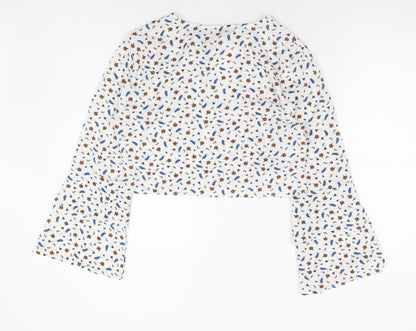 Dazie Womens White Floral Polyester Cropped Blouse Size 12 Round Neck - Bell Sleeve