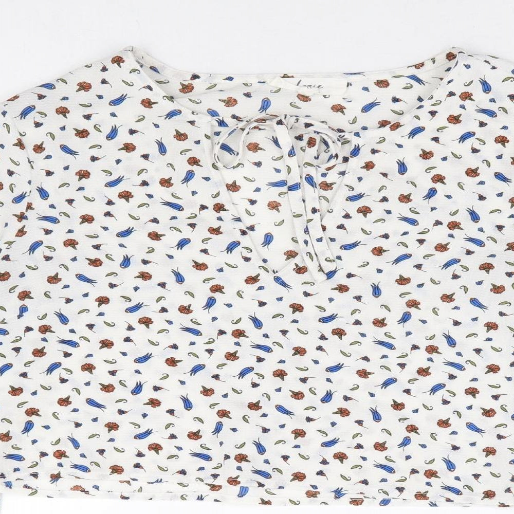 Dazie Womens White Floral Polyester Cropped Blouse Size 12 Round Neck - Bell Sleeve