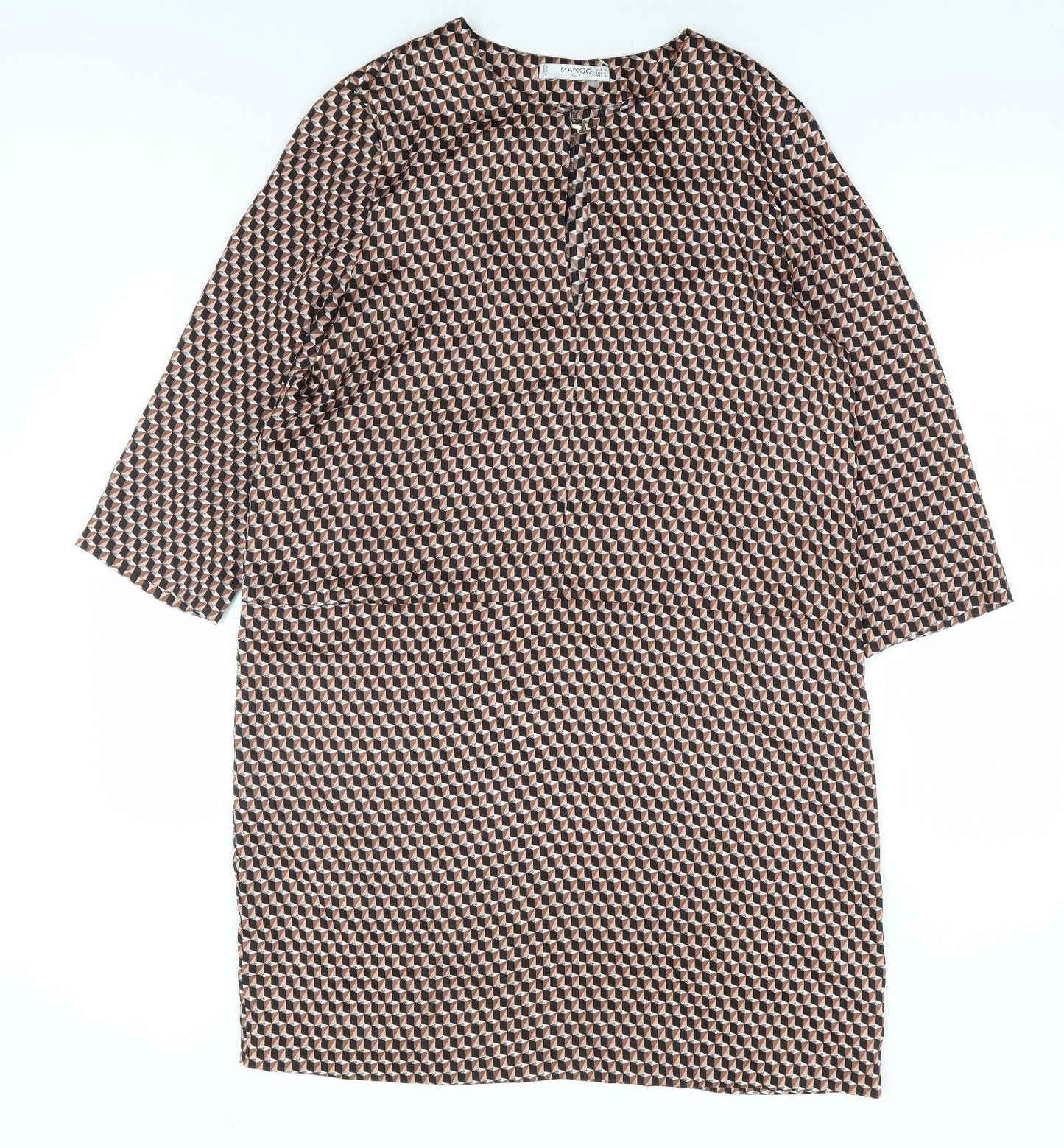 Mango Womens Brown Geometric Polyester Shift Size M Round Neck Hook & Eye