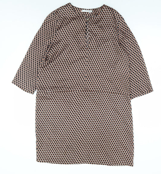 Mango Womens Brown Geometric Polyester Shift Size M Round Neck Hook & Eye