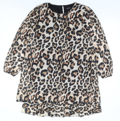 Boohoo Womens Brown Animal Print Polyester A-Line Size 12 Round Neck Button - Leopard Print