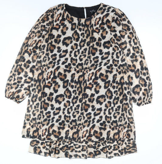 Boohoo Womens Brown Animal Print Polyester A-Line Size 12 Round Neck Button - Leopard Print