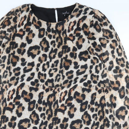 Boohoo Womens Brown Animal Print Polyester A-Line Size 12 Round Neck Button - Leopard Print