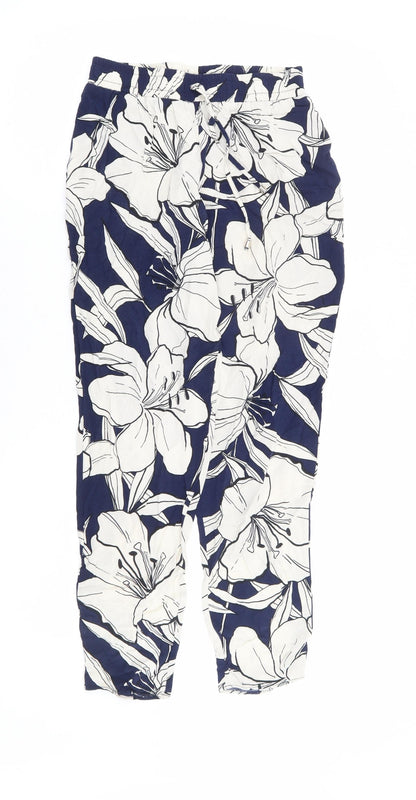 F&F Womens Blue Floral Viscose Harem Trousers Size 6 L25 in Regular Drawstring - Ankle Grazer