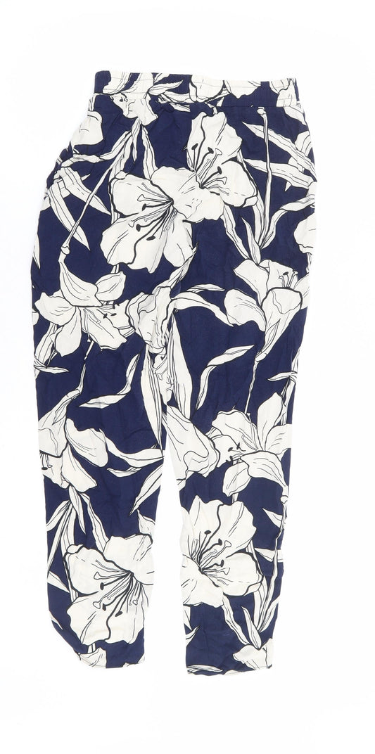 F&F Womens Blue Floral Viscose Harem Trousers Size 6 L25 in Regular Drawstring - Ankle Grazer
