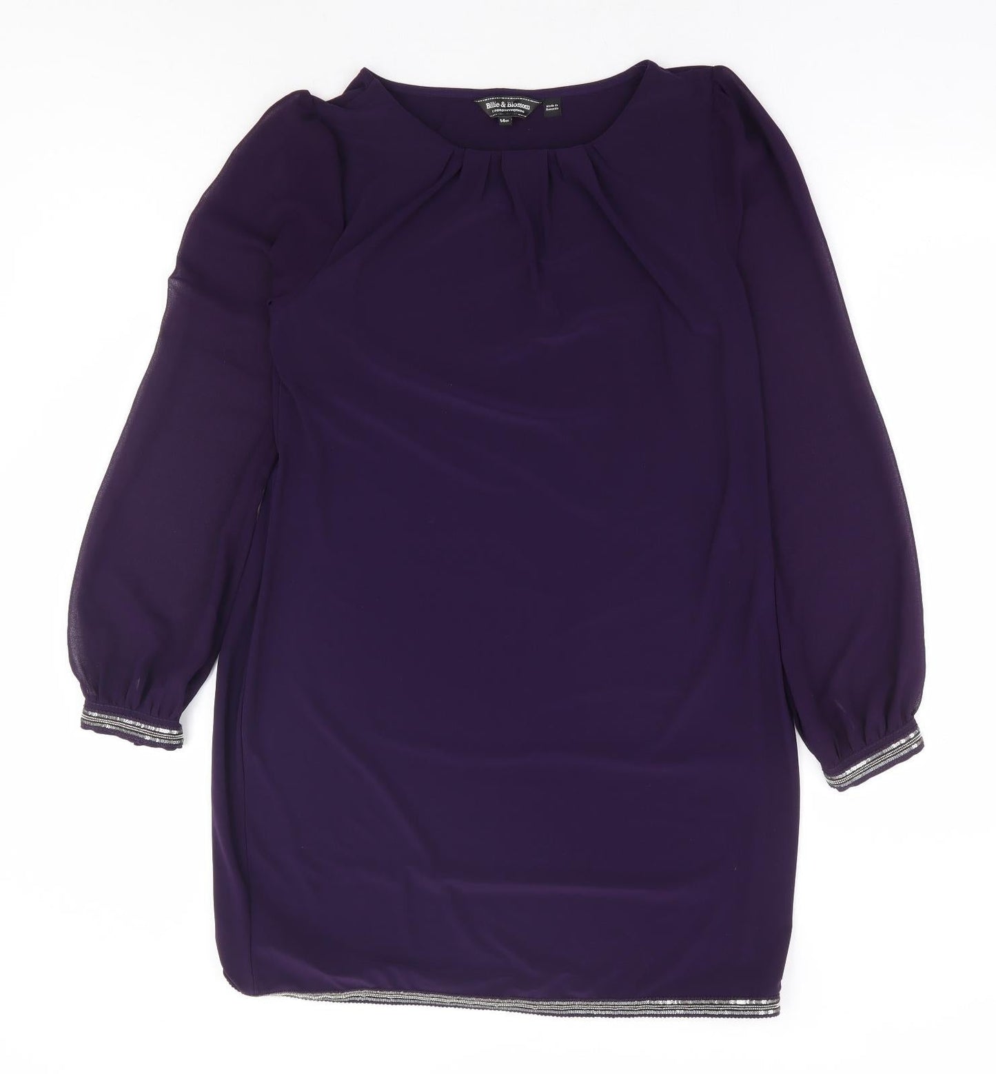 Billie & Blossom Womens Purple Polyester Shift Size 14 Round Neck Pullover - Chiffon Sleeve