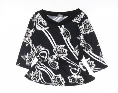 Saloos Collection Womens Black Floral Polyester Basic Blouse Size M V-Neck