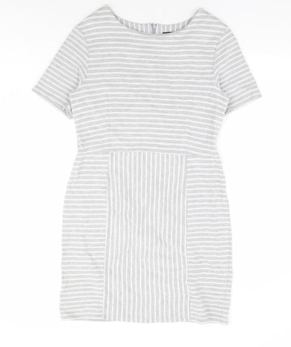Warehouse Womens Grey Striped Polyester A-Line Size 14 Round Neck Zip - Ribbed