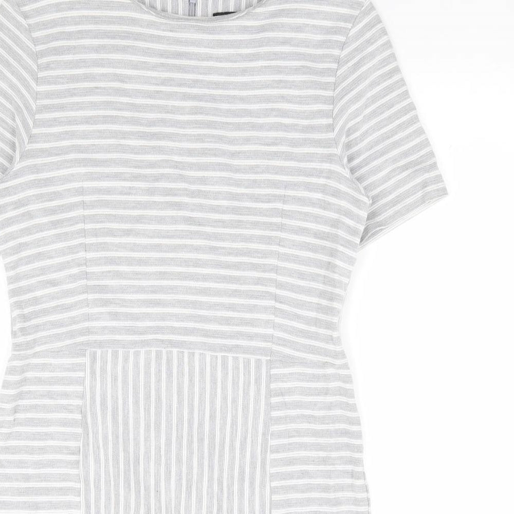 Warehouse Womens Grey Striped Polyester A-Line Size 14 Round Neck Zip - Ribbed