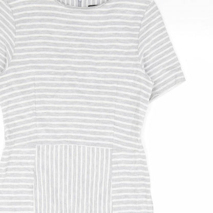 Warehouse Womens Grey Striped Polyester A-Line Size 14 Round Neck Zip - Ribbed