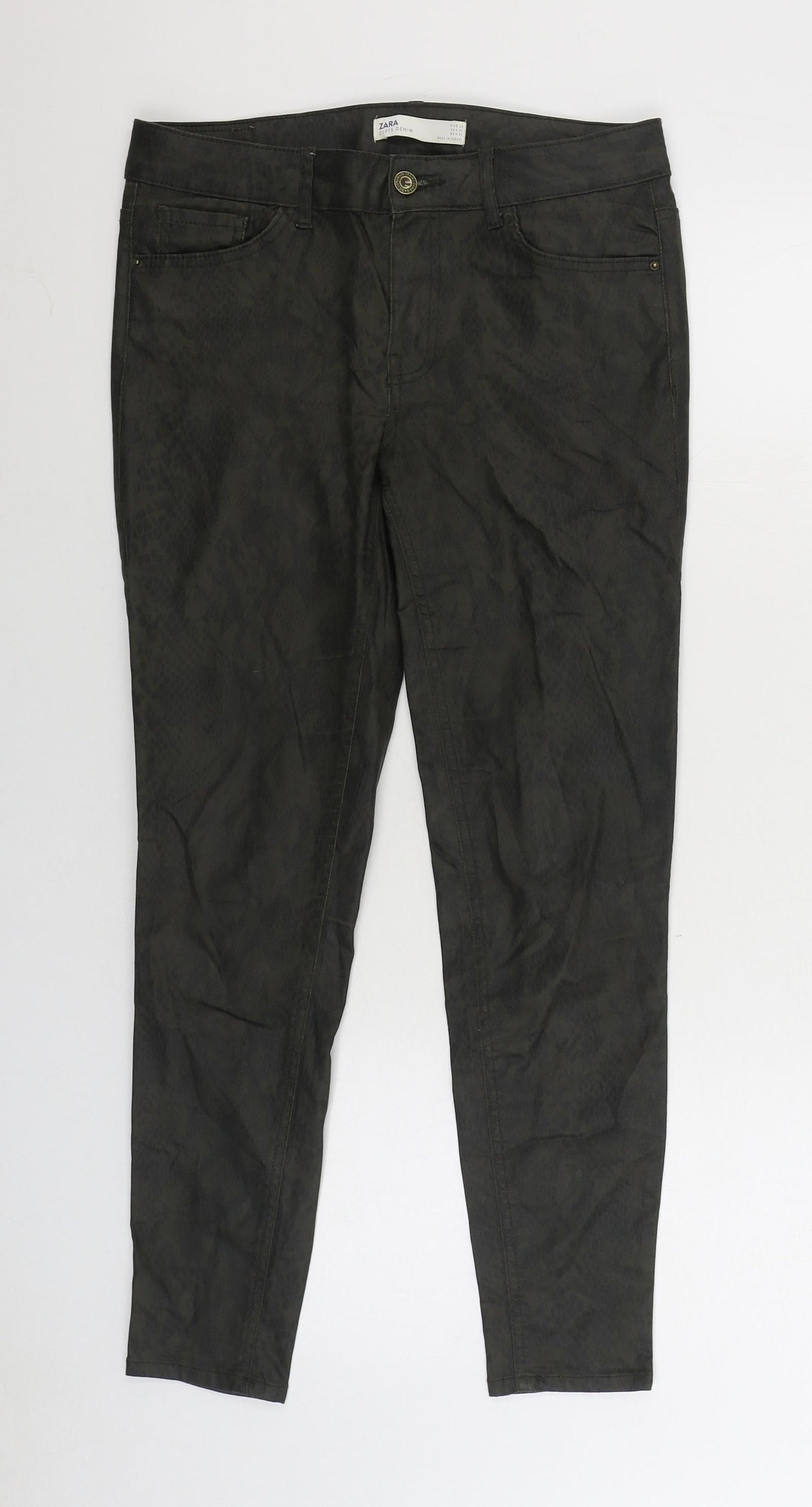 Zara Womens Green Animal Print Polyester Skinny Jeans Size 10 L26 in Regular Zip - Snake Skin