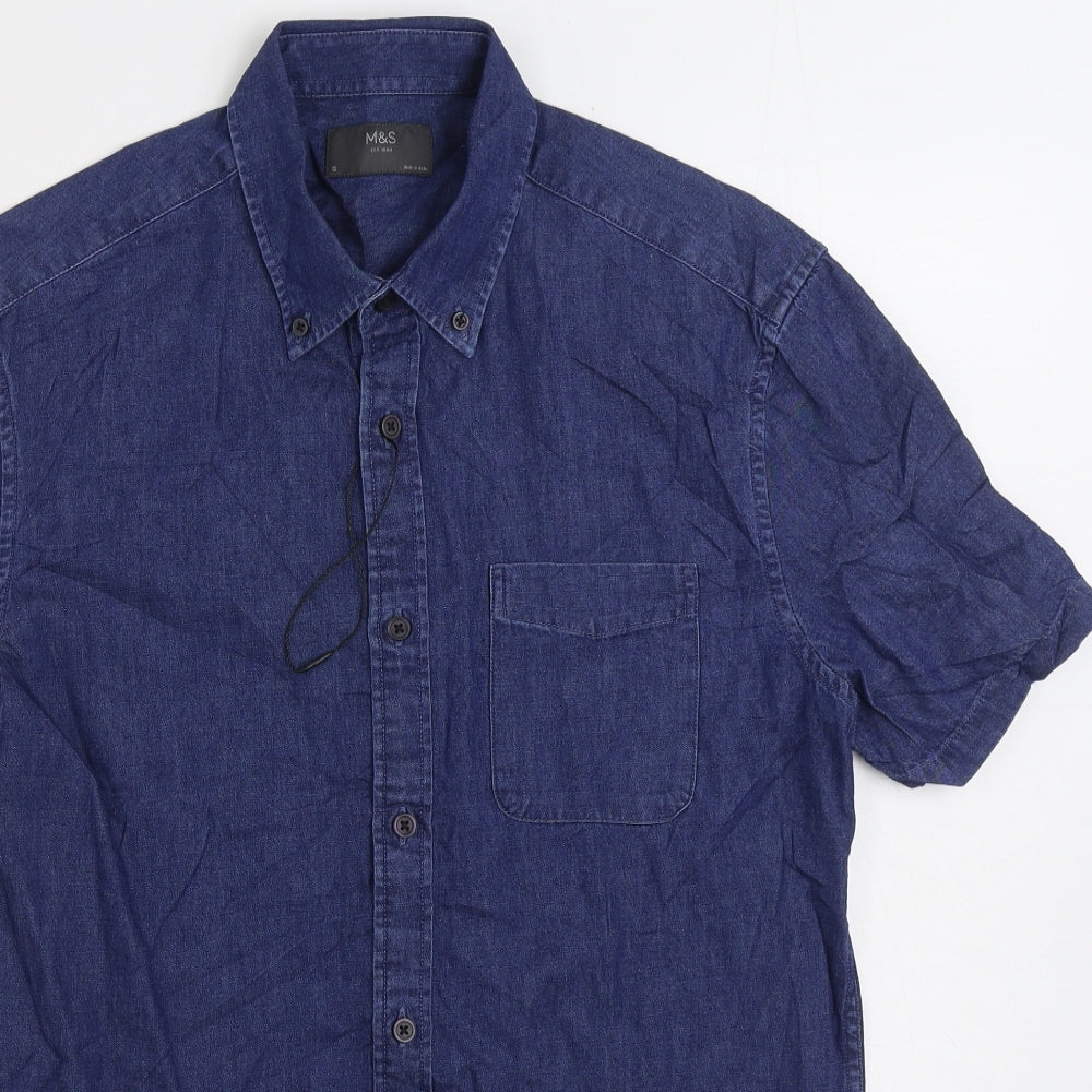 Mens UK Size S Marks and Spencer Blue  Button-Up Short Sleeve Casual Shirt