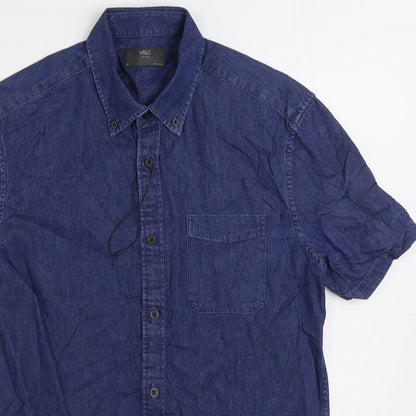 Mens UK Size S Marks and Spencer Blue  Button-Up Short Sleeve Casual Shirt