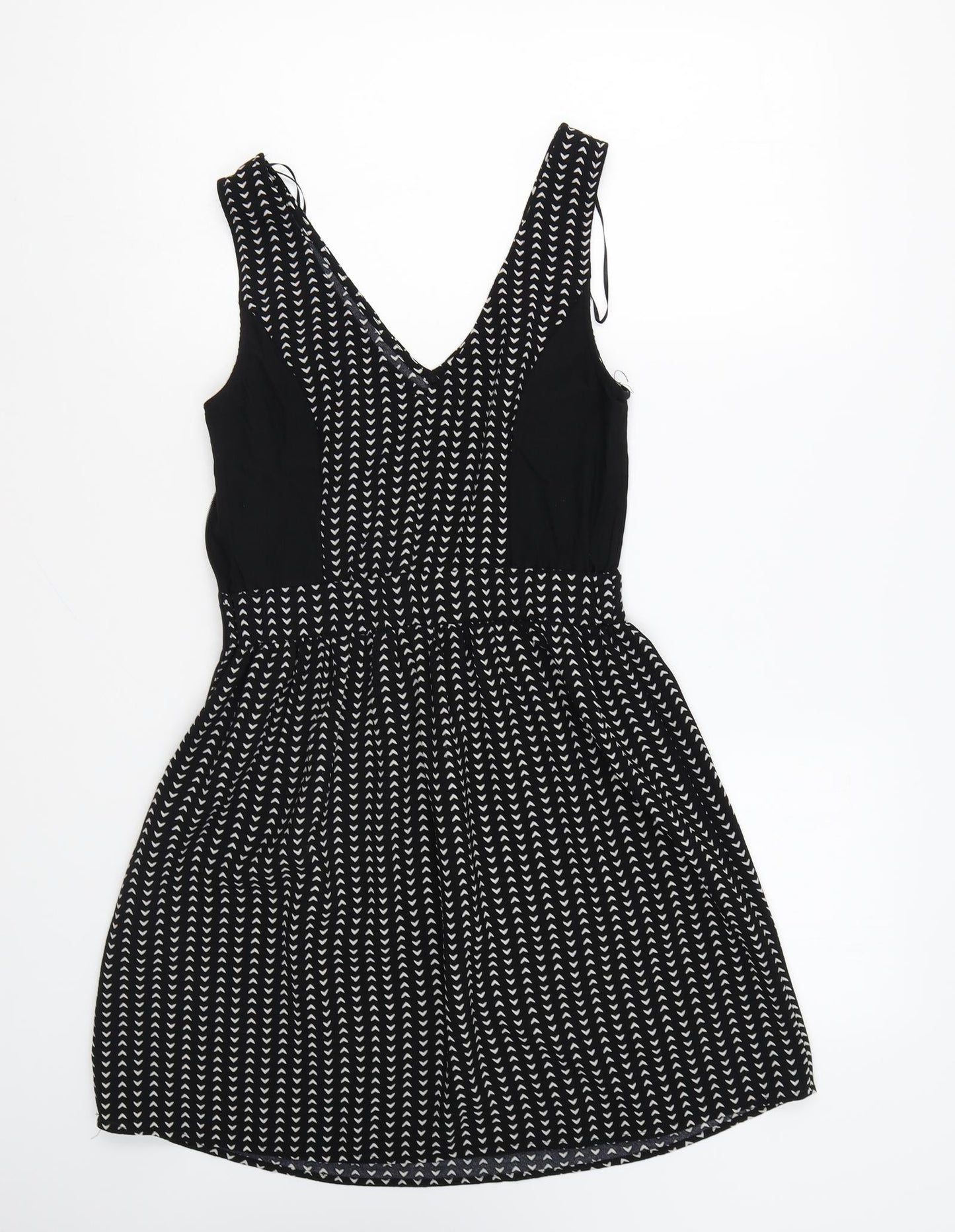 H&M Womens Black Geometric Polyester Fit & Flare Size 8 V-Neck Zip