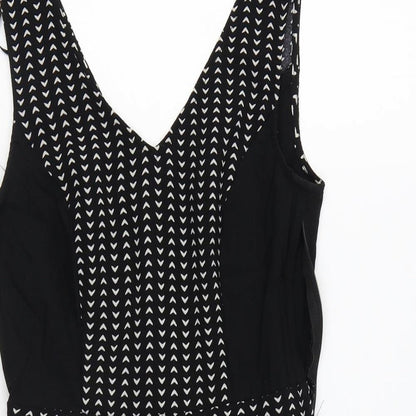 H&M Womens Black Geometric Polyester Fit & Flare Size 8 V-Neck Zip