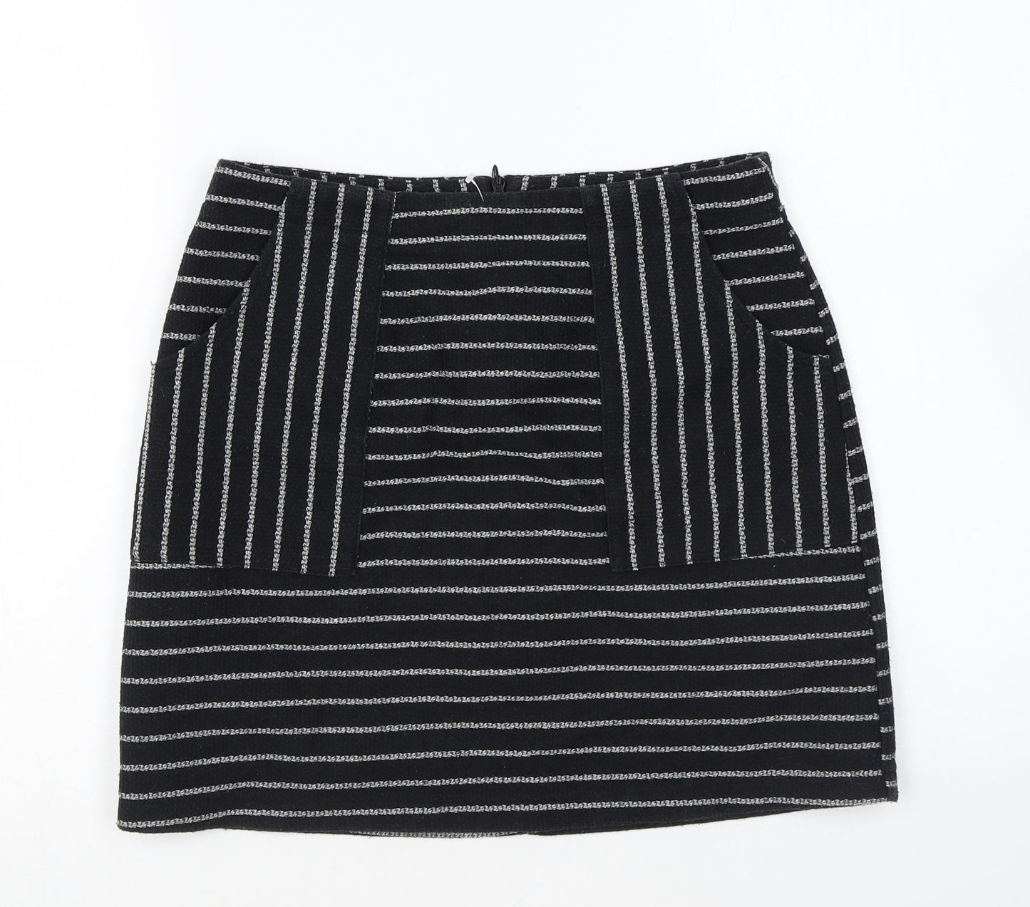 New Look Womens Black Striped Polyester Mini Skirt Size 8 Zip