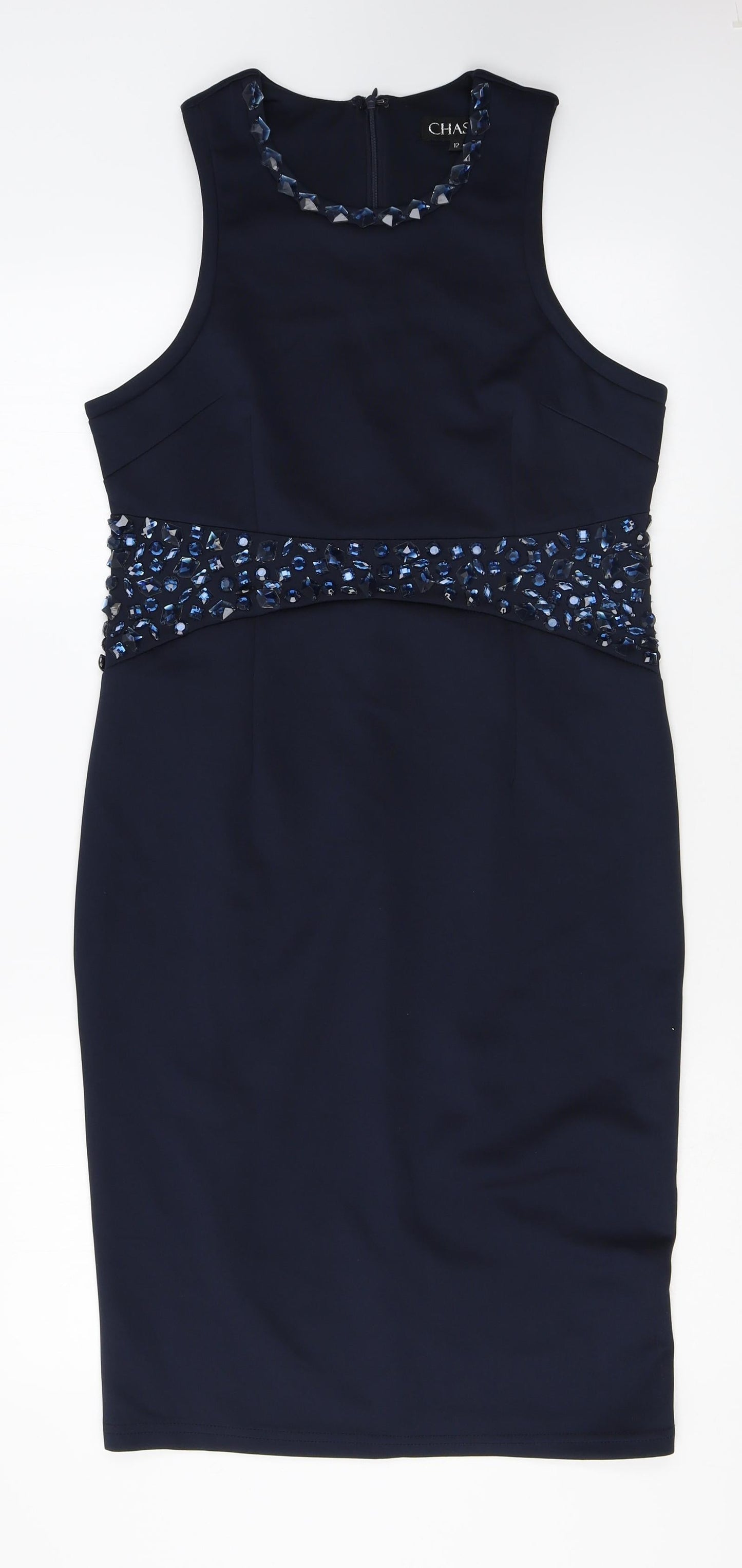 Chase7 Womens Blue Polyester Sheath Size 12 Round Neck Zip