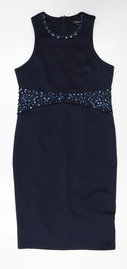 Chase7 Womens Blue Polyester Sheath Size 12 Round Neck Zip