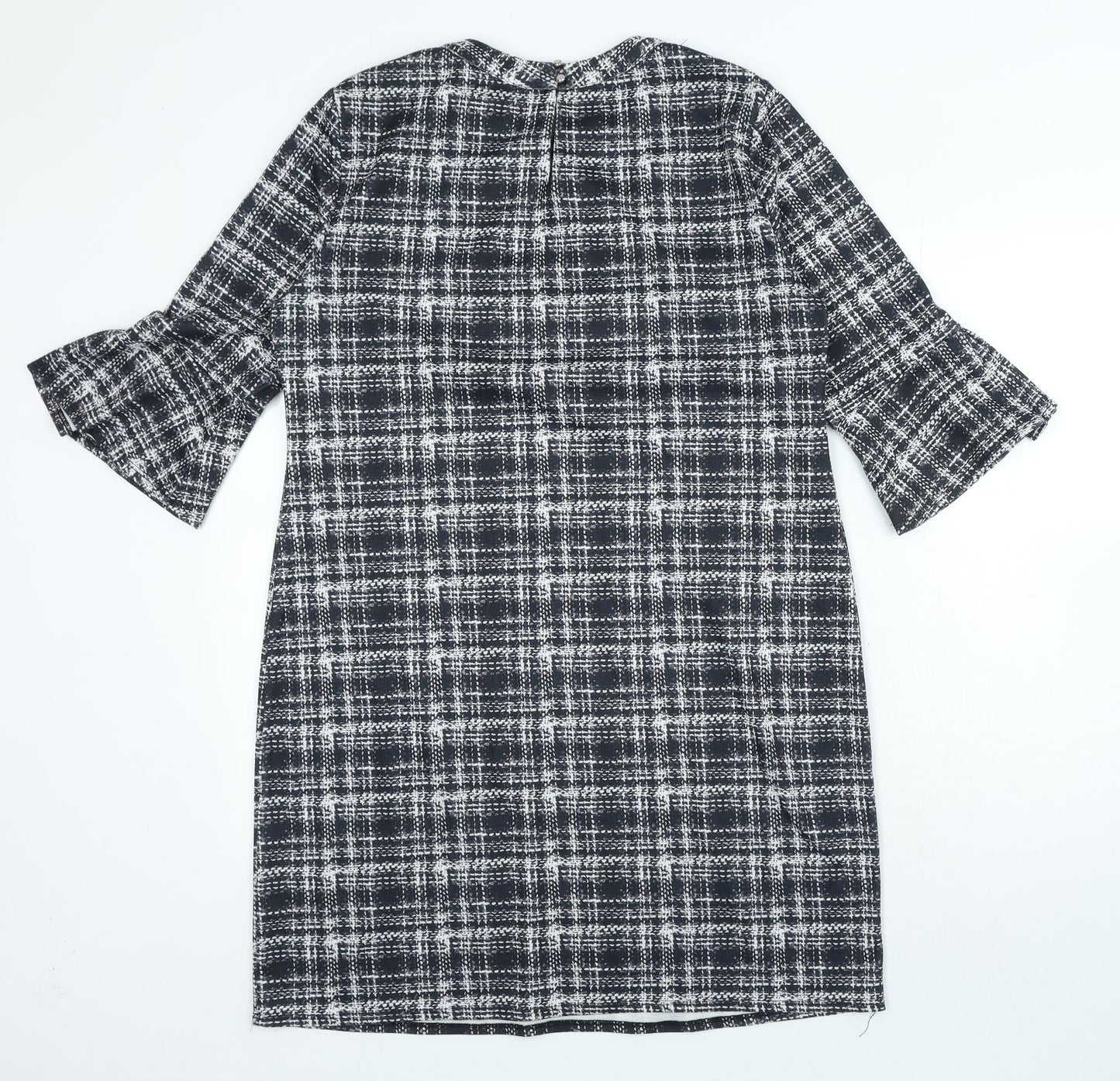 Dorothy Perkins Womens Black Plaid Polyester A-Line Size 14 Round Neck Hook & Loop