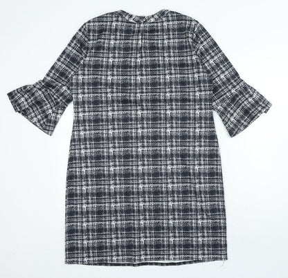 Dorothy Perkins Womens Black Plaid Polyester A-Line Size 14 Round Neck Hook & Loop