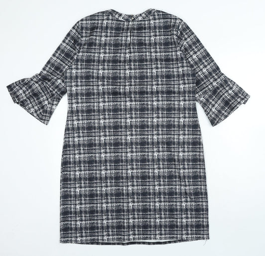 Dorothy Perkins Womens Black Plaid Polyester A-Line Size 14 Round Neck Hook & Loop
