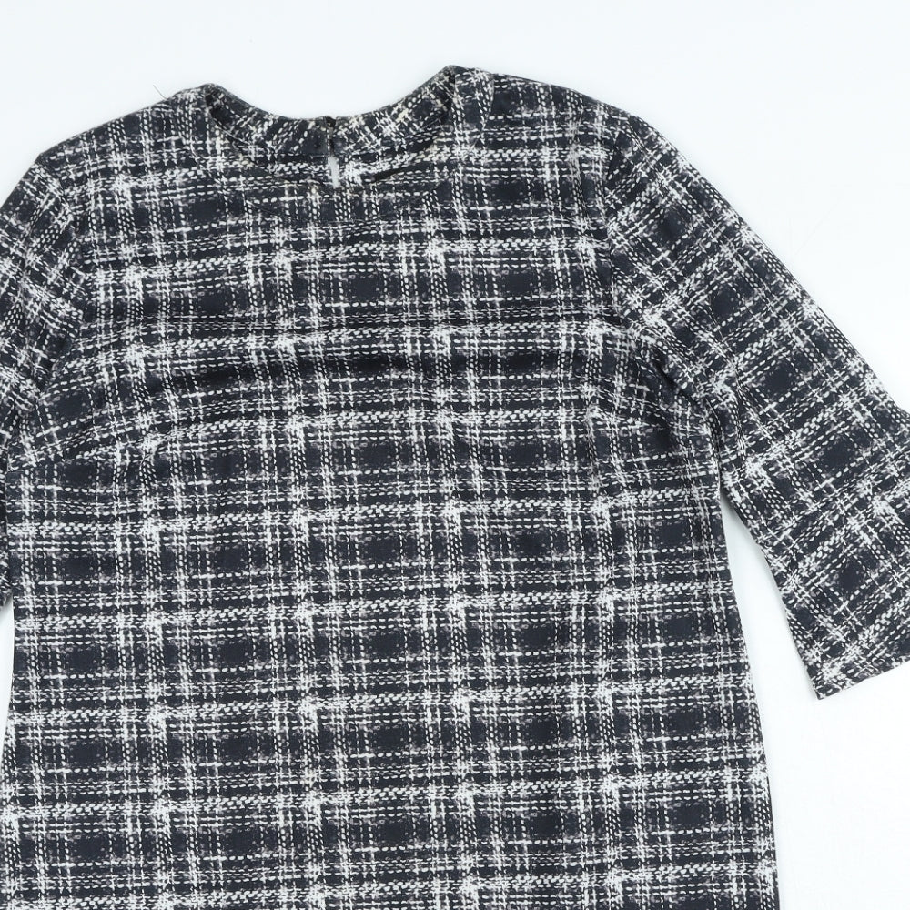 Dorothy Perkins Womens Black Plaid Polyester A-Line Size 14 Round Neck Hook & Loop