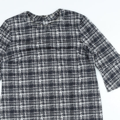 Dorothy Perkins Womens Black Plaid Polyester A-Line Size 14 Round Neck Hook & Loop