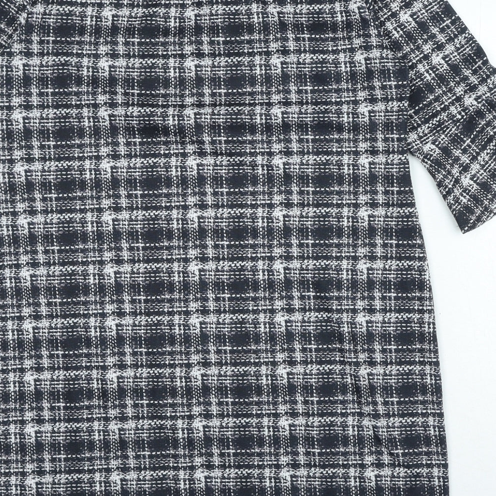 Dorothy Perkins Womens Black Plaid Polyester A-Line Size 14 Round Neck Hook & Loop