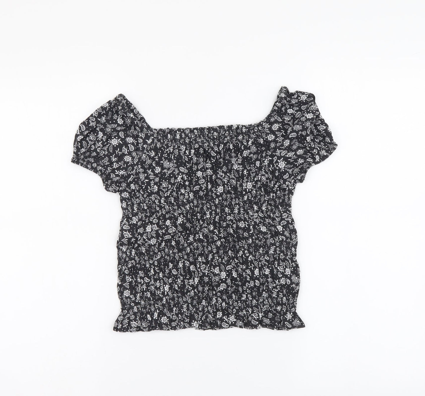 Marks and Spencer Girls Grey Floral Viscose Basic Blouse Size 8-9 Years Square Neck Pullover