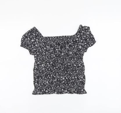 Marks and Spencer Girls Grey Floral Viscose Basic Blouse Size 8-9 Years Square Neck Pullover