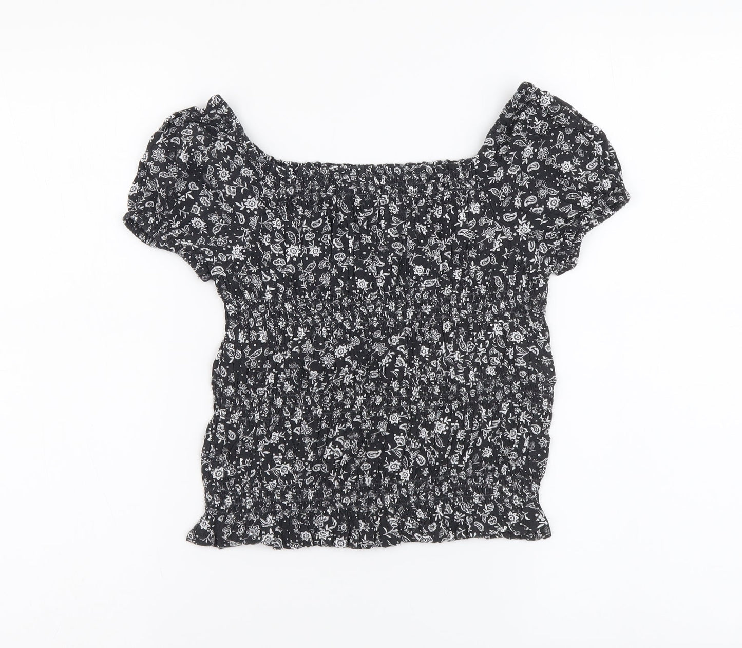 Marks and Spencer Girls Grey Floral Viscose Basic Blouse Size 8-9 Years Square Neck Pullover