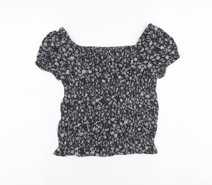 Marks and Spencer Girls Grey Floral Viscose Basic Blouse Size 8-9 Years Square Neck Pullover