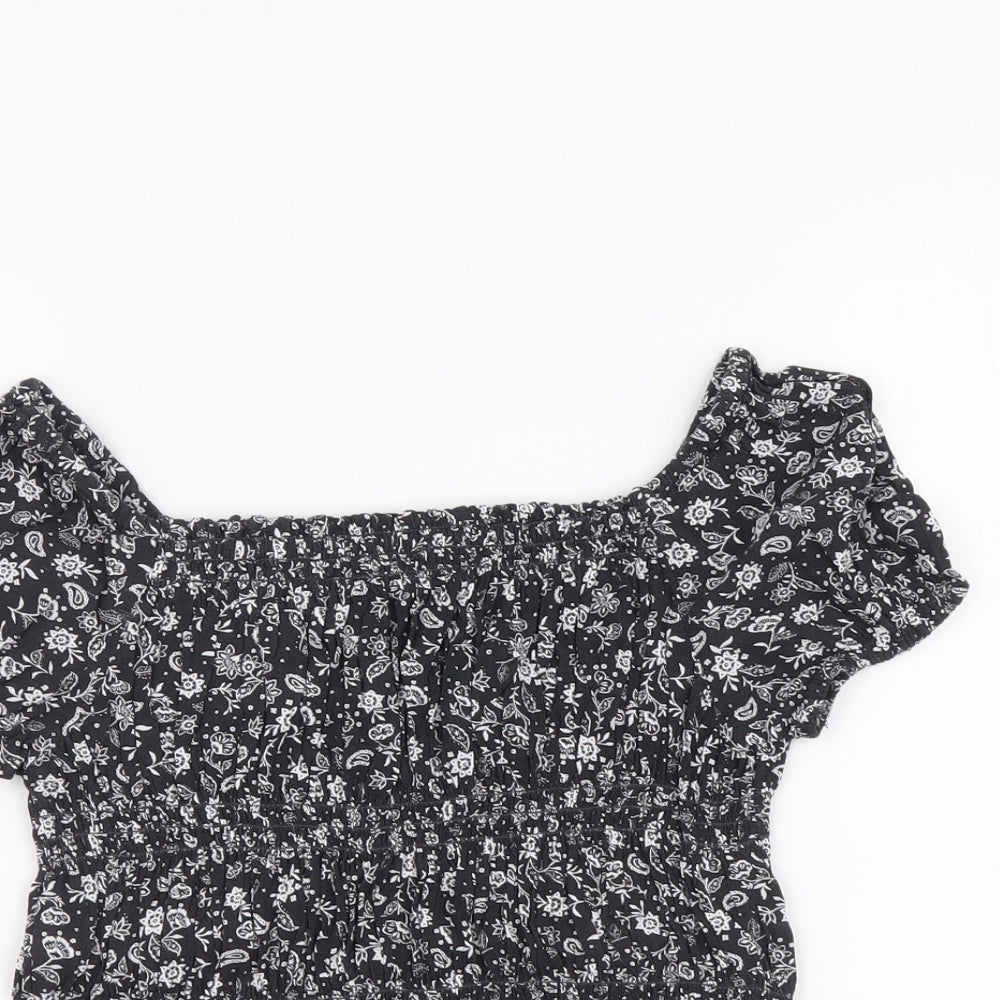 Marks and Spencer Girls Grey Floral Viscose Basic Blouse Size 8-9 Years Square Neck Pullover