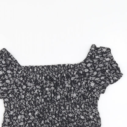Marks and Spencer Girls Grey Floral Viscose Basic Blouse Size 8-9 Years Square Neck Pullover