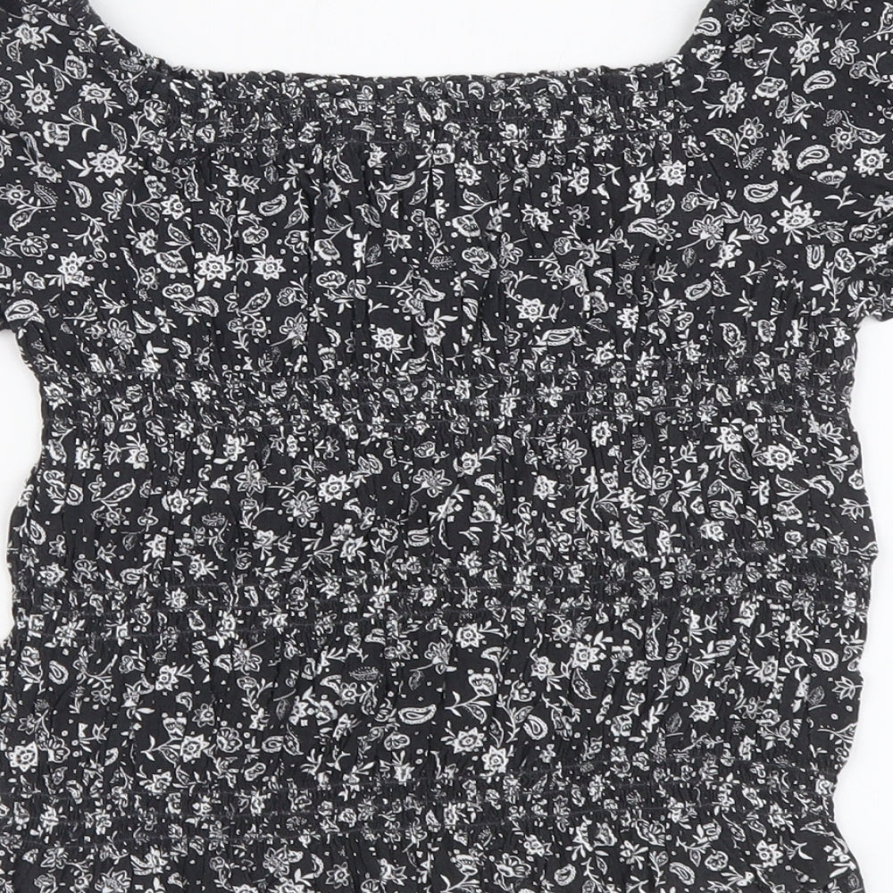 Marks and Spencer Girls Grey Floral Viscose Basic Blouse Size 8-9 Years Square Neck Pullover