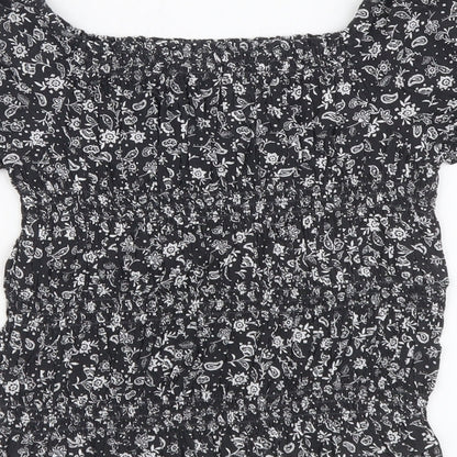 Marks and Spencer Girls Grey Floral Viscose Basic Blouse Size 8-9 Years Square Neck Pullover