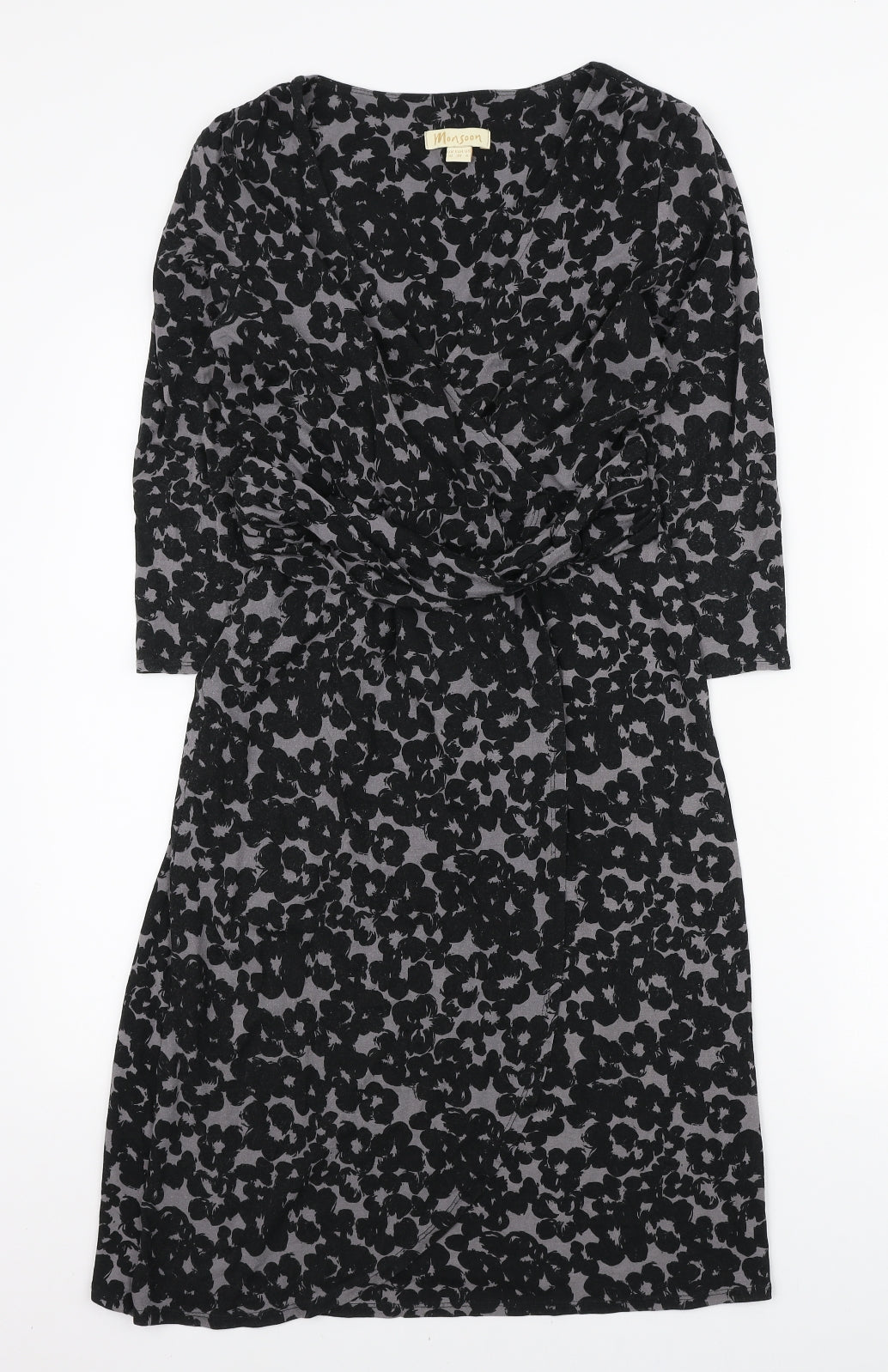 Monsoon Womens Black Floral Viscose Wrap Dress Size 10 V-Neck Tie