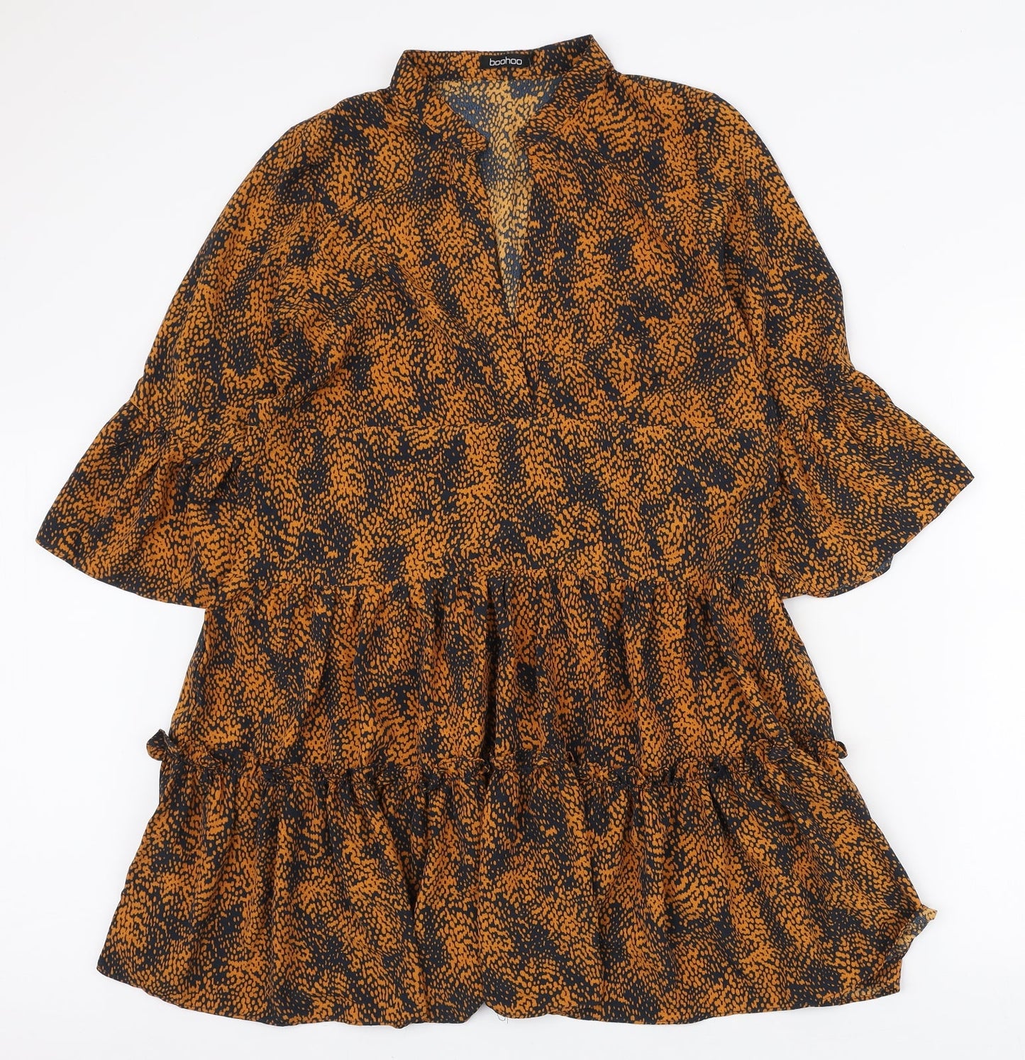 Boohoo Womens Black Geometric Polyester Shirt Dress Size S V-Neck Pullover