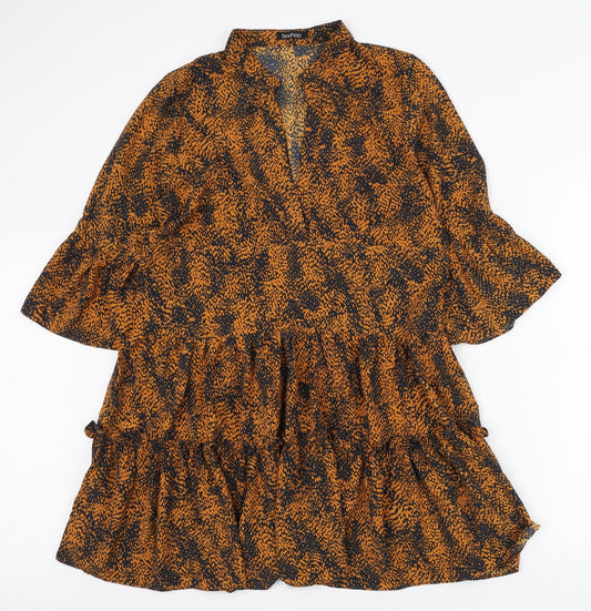 Boohoo Womens Black Geometric Polyester Shirt Dress Size S V-Neck Pullover