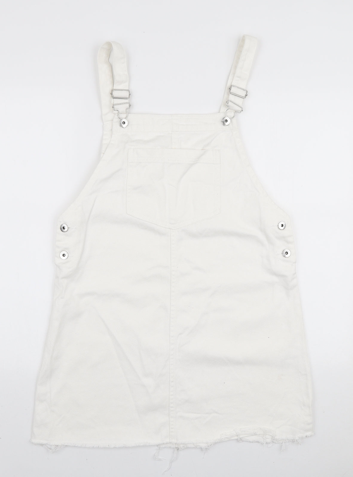 H&M Womens White Cotton Pinafore/Dungaree Dress Size L Square Neck Button - Distressed Edge