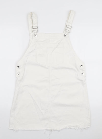 H&M Womens White Cotton Pinafore/Dungaree Dress Size L Square Neck Button - Distressed Edge