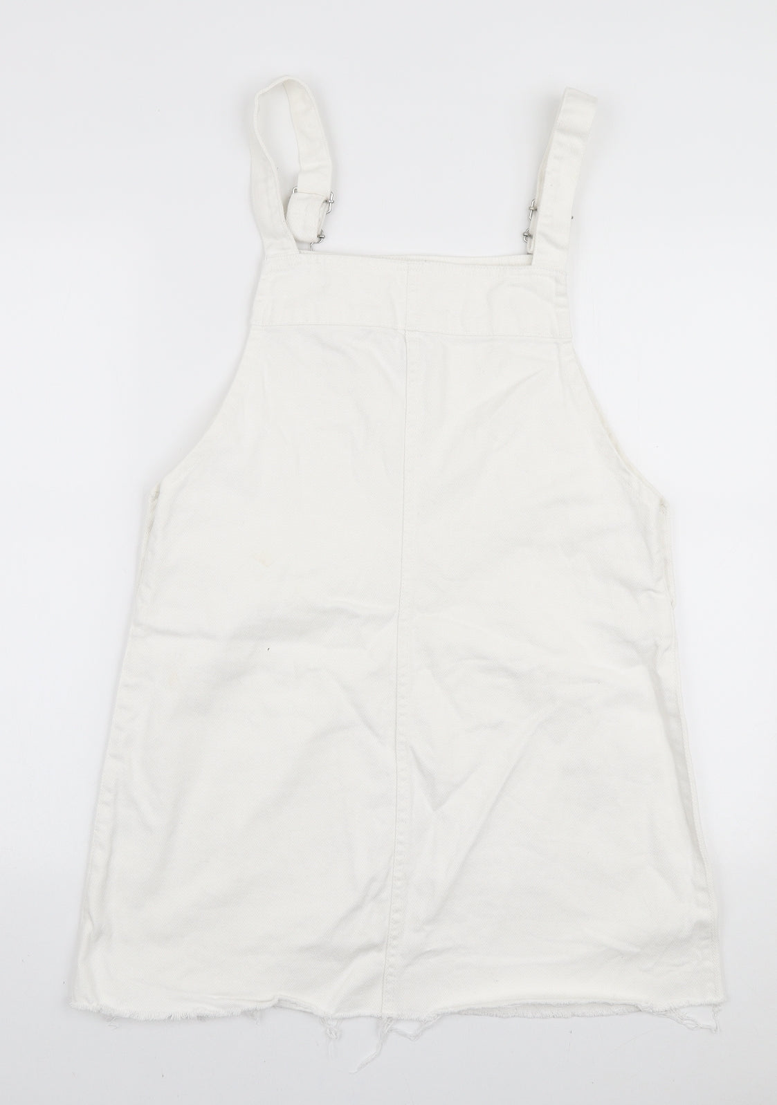 H&M Womens White Cotton Pinafore/Dungaree Dress Size L Square Neck Button - Distressed Edge