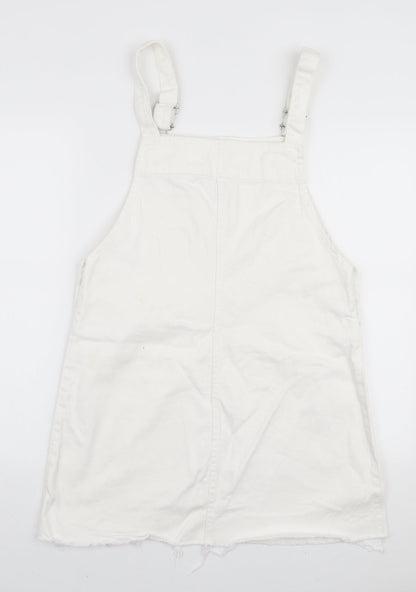 H&M Womens White Cotton Pinafore/Dungaree Dress Size L Square Neck Button - Distressed Edge