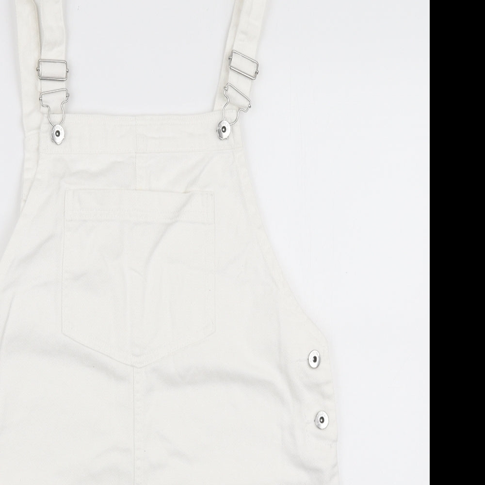 H&M Womens White Cotton Pinafore/Dungaree Dress Size L Square Neck Button - Distressed Edge