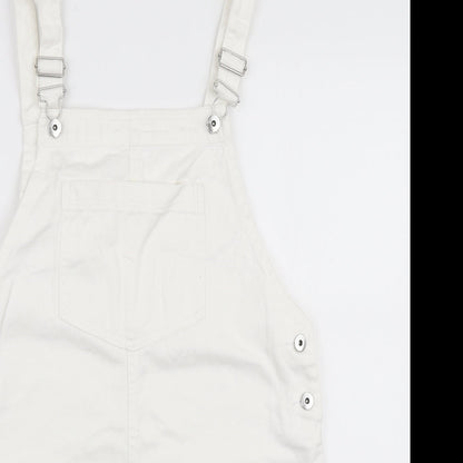 H&M Womens White Cotton Pinafore/Dungaree Dress Size L Square Neck Button - Distressed Edge